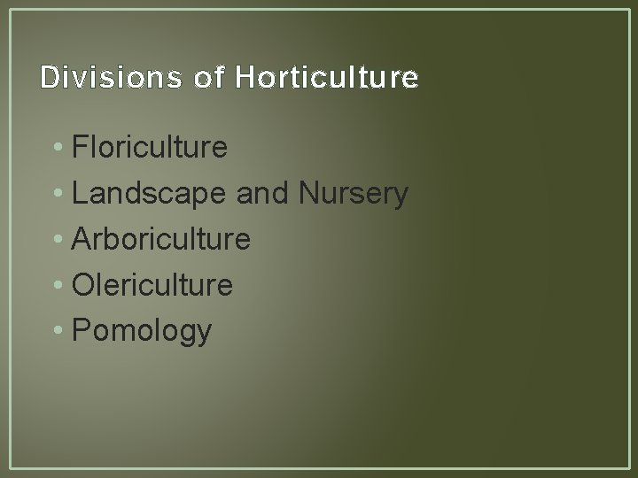 Divisions of Horticulture • Floriculture • Landscape and Nursery • Arboriculture • Olericulture •