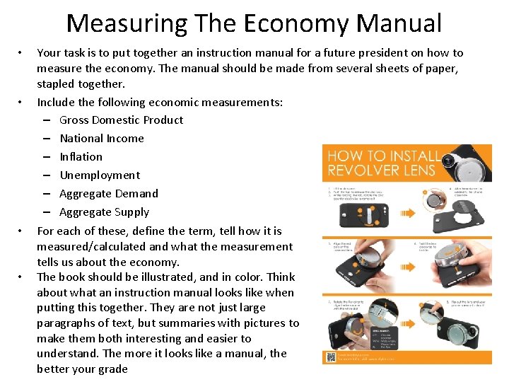 Measuring The Economy Manual • • Your task is to put together an instruction