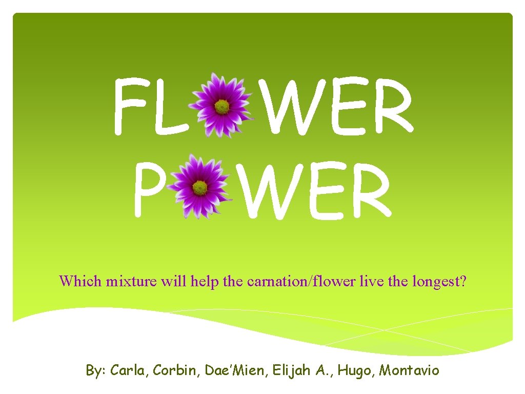 FL WER P WER Which mixture will help the carnation/flower live the longest? By: