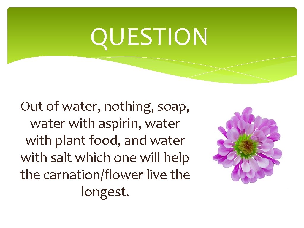 QUESTION Out of water, nothing, soap, water with aspirin, water with plant food, and