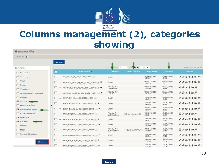 Columns management (2), categories showing 39 Eurostat 