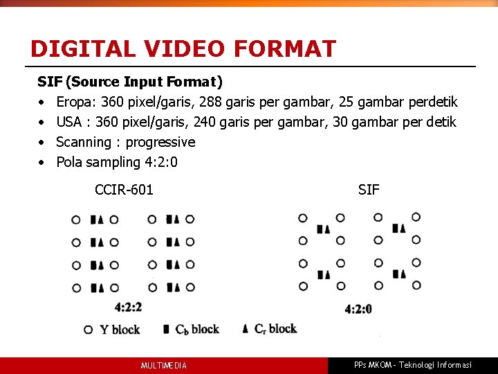 DIGITAL VIDEO FORMAT SIF (Source Input Format) • Eropa: 360 pixel/garis, 288 garis per