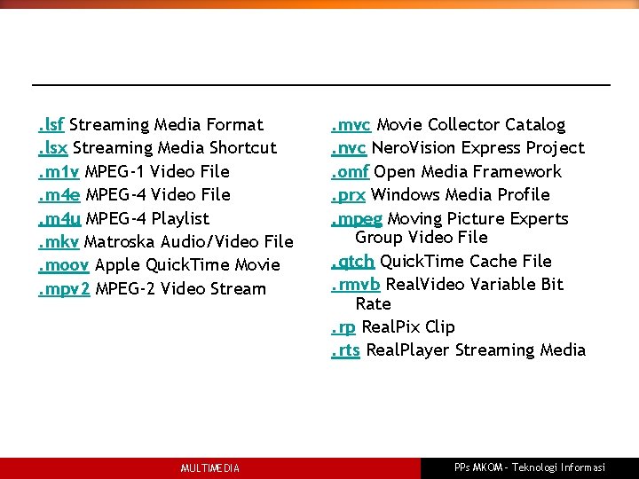 . lsf Streaming Media Format. lsx Streaming Media Shortcut. m 1 v MPEG-1 Video