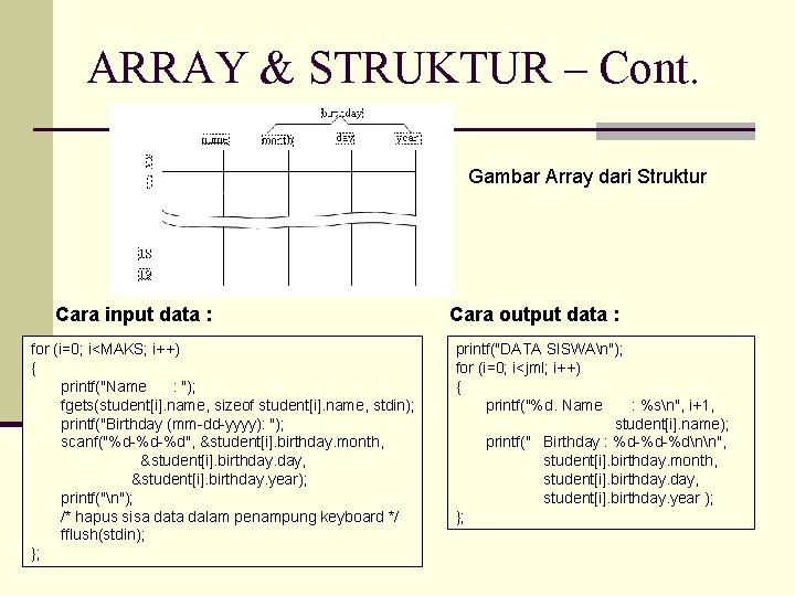 ARRAY & STRUKTUR – Cont. Gambar Array dari Struktur Cara input data : for
