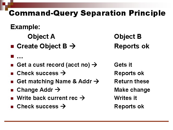 Command-Query Separation Principle Example: Object A n Create Object B n … n n