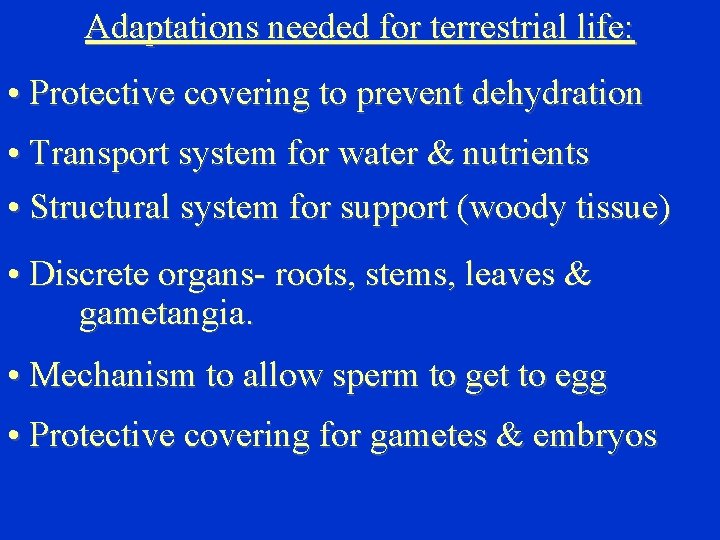 Adaptations needed for terrestrial life: • Protective covering to prevent dehydration • Transport system