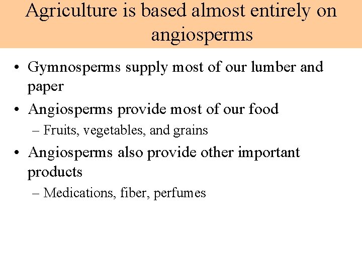 Agriculture is based almost entirely on angiosperms • Gymnosperms supply most of our lumber