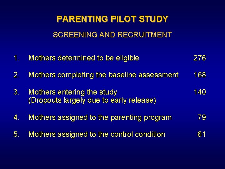 PARENTING PILOT STUDY SCREENING AND RECRUITMENT 1. Mothers determined to be eligible 276 2.