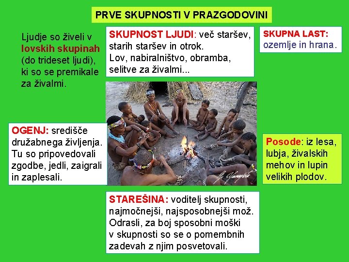 PRVE SKUPNOSTI V PRAZGODOVINI Ljudje so živeli v lovskih skupinah (do trideset ljudi), ki