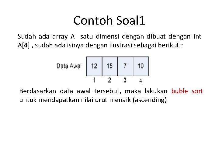 Contoh Soal 1 Sudah ada array A satu dimensi dengan dibuat dengan int A[4]