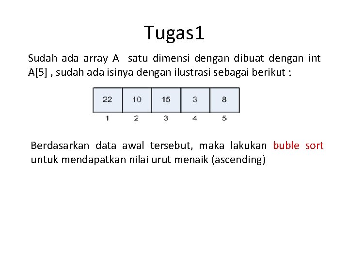 Tugas 1 Sudah ada array A satu dimensi dengan dibuat dengan int A[5] ,