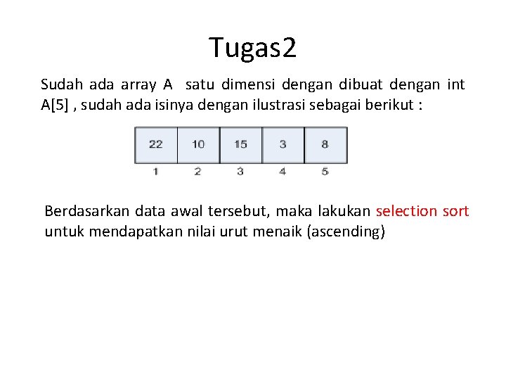 Tugas 2 Sudah ada array A satu dimensi dengan dibuat dengan int A[5] ,
