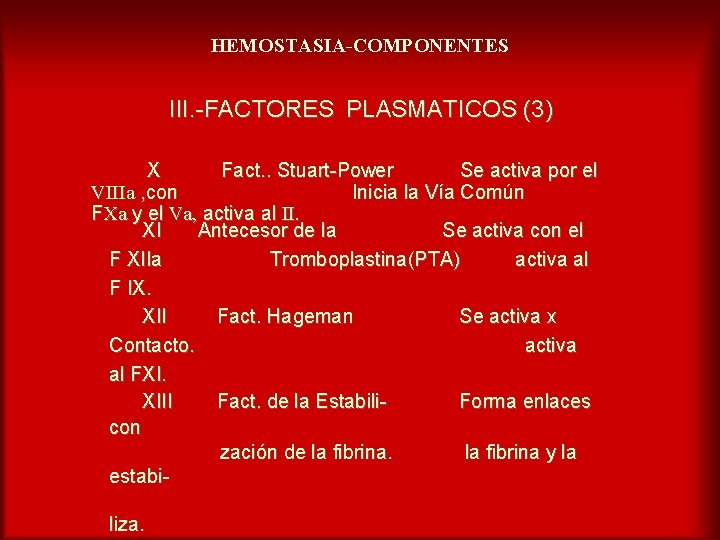 HEMOSTASIA-COMPONENTES III. -FACTORES PLASMATICOS (3) X Fact. . Stuart-Power Se activa por el VIIIa