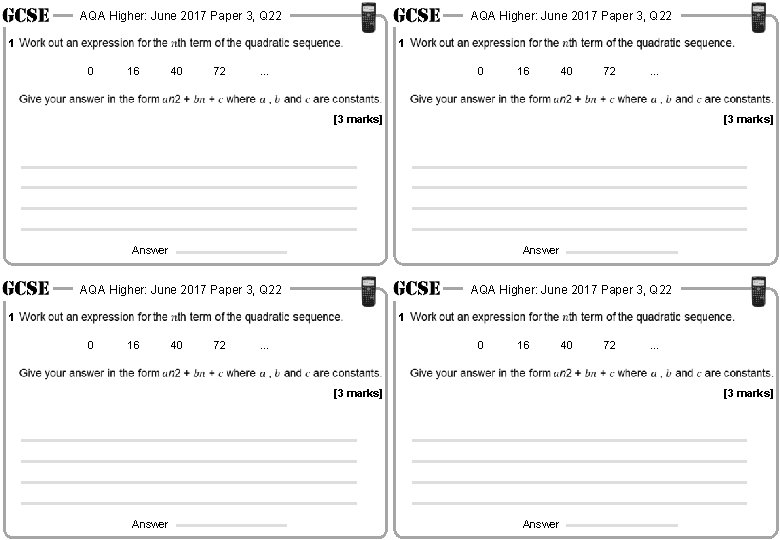 AQA Higher: June 2017 Paper 3, Q 22 1 1 0 16 40 72