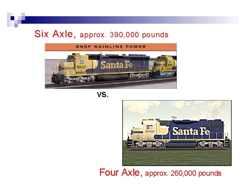 Six Axle, approx. 390, 000 pounds vs. Four Axle, approx. 260, 000 pounds 