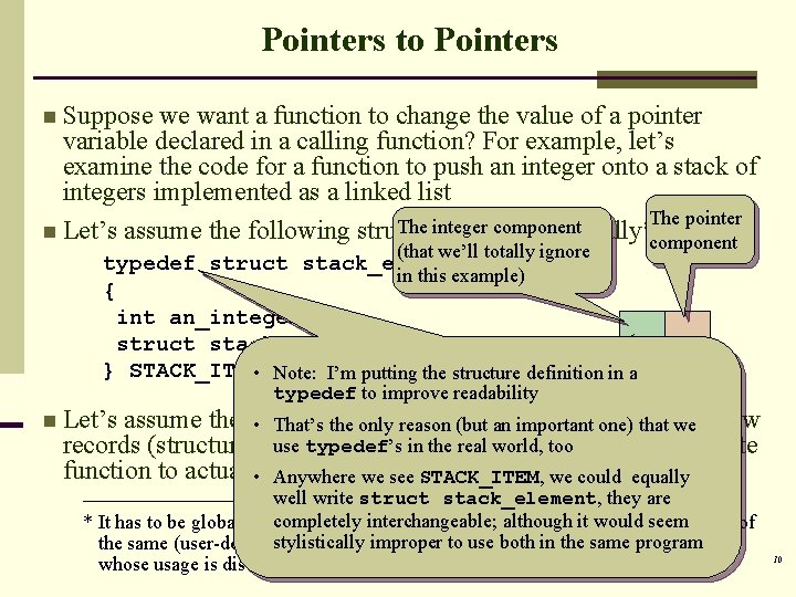 Pointers to Pointers n Suppose we want a function to change the value of