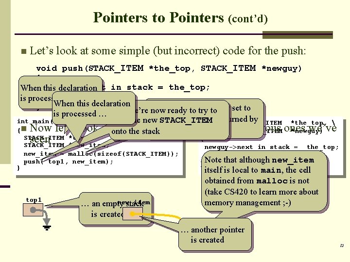 Pointers to Pointers (cont’d) n Let’s look at some simple (but incorrect) code for