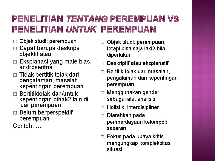 PENELITIAN TENTANG PEREMPUAN VS PENELITIAN UNTUK PEREMPUAN � Objek studi: perempuan Dapat berupa deskripsi