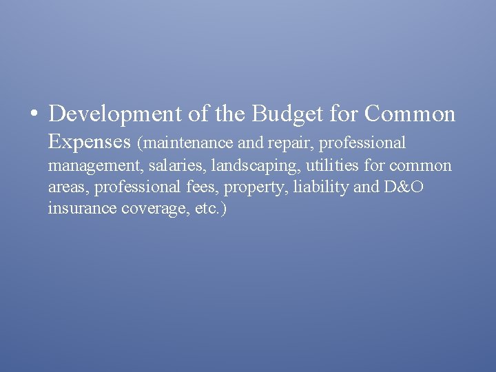  • Development of the Budget for Common Expenses (maintenance and repair, professional management,