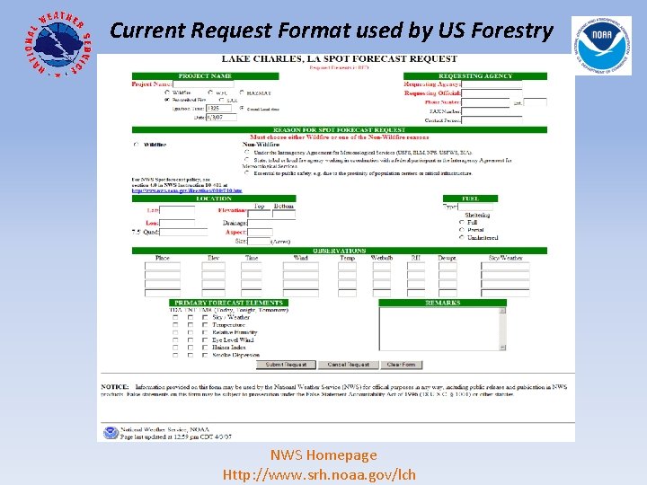 Current Request Format used by US Forestry NWS Homepage Http: //www. srh. noaa. gov/lch