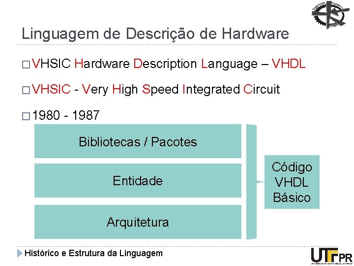 Linguagem de Descrição de Hardware � VHSIC Hardware Description Language – VHDL � VHSIC