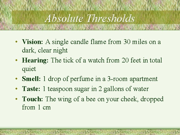 Absolute Thresholds • Vision: A single candle flame from 30 miles on a dark,