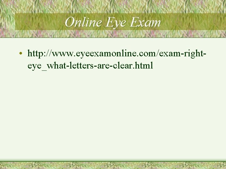 Online Eye Exam • http: //www. eyeexamonline. com/exam-righteye_what-letters-are-clear. html 