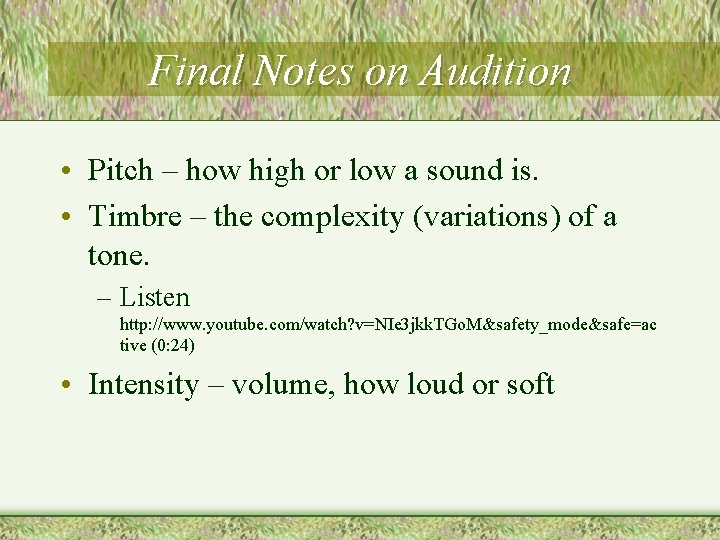 Final Notes on Audition • Pitch – how high or low a sound is.