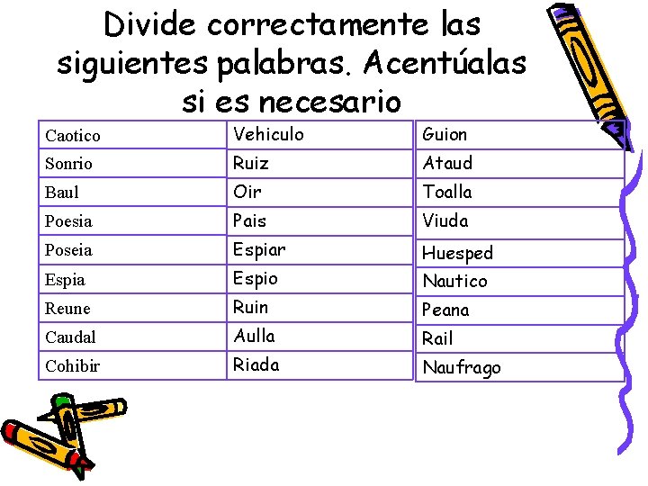 Divide correctamente las siguientes palabras. Acentúalas si es necesario Caotico Vehiculo Guion Sonrio Ruiz