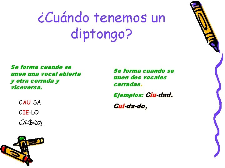 ¿Cuándo tenemos un diptongo? Se forma cuando se unen una vocal abierta y otra