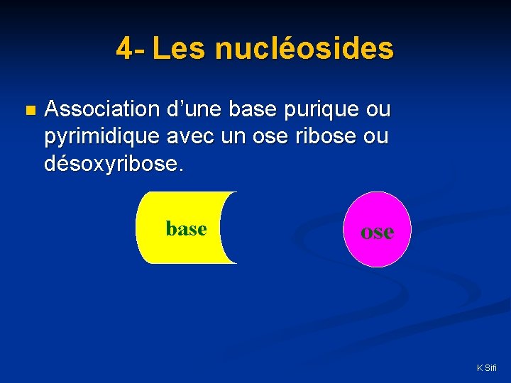 4 - Les nuclé nucl osides n Association d’une base purique ou pyrimidique avec