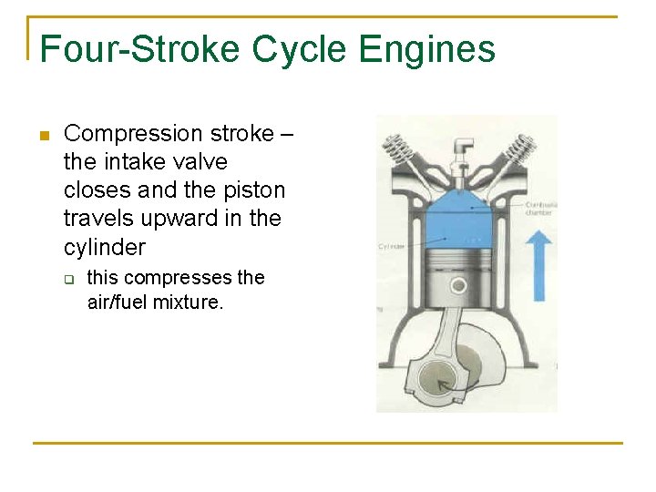 Four-Stroke Cycle Engines n Compression stroke – the intake valve closes and the piston