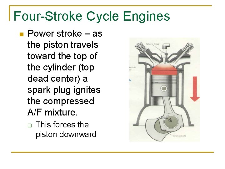 Four-Stroke Cycle Engines n Power stroke – as the piston travels toward the top