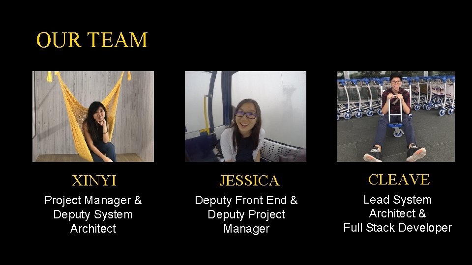 OUR TEAM XINYI JESSICA CLEAVE Project Manager & Deputy System Architect Deputy Front End