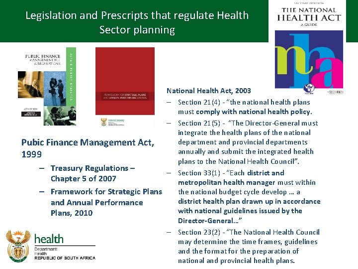 Legislation and Prescripts that regulate Health Sector planning National Health Act, 2003 – Section