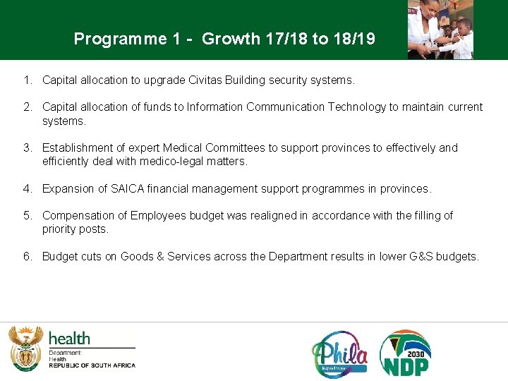 Programme 1 - Growth 17/18 to 18/19 1. Capital allocation to upgrade Civitas Building