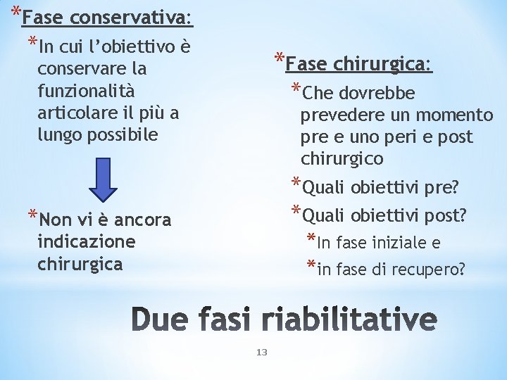 *Fase conservativa: *In cui l’obiettivo è *Fase chirurgica: conservare la funzionalità articolare il più