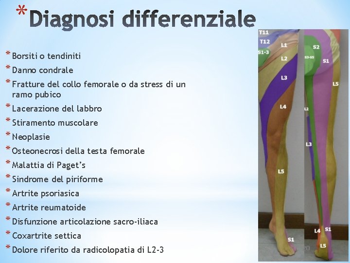 * * Borsiti o tendiniti * Danno condrale * Fratture del collo femorale o