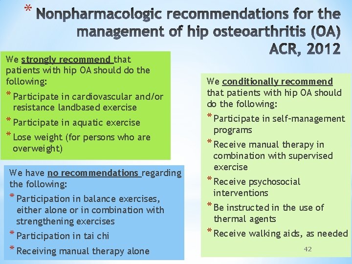 * We strongly recommend that patients with hip OA should do the following: *