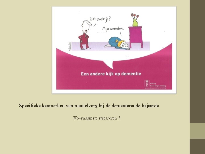 Specifieke kenmerken van mantelzorg bij de dementerende bejaarde Voornaamste stressoren ? 
