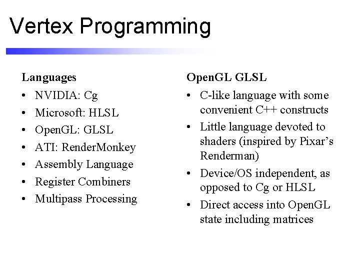 Vertex Programming Languages Open. GL GLSL • • C-like language with some convenient C++