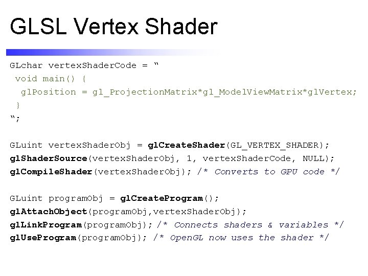 GLSL Vertex Shader GLchar vertex. Shader. Code = “ void main() { gl. Position