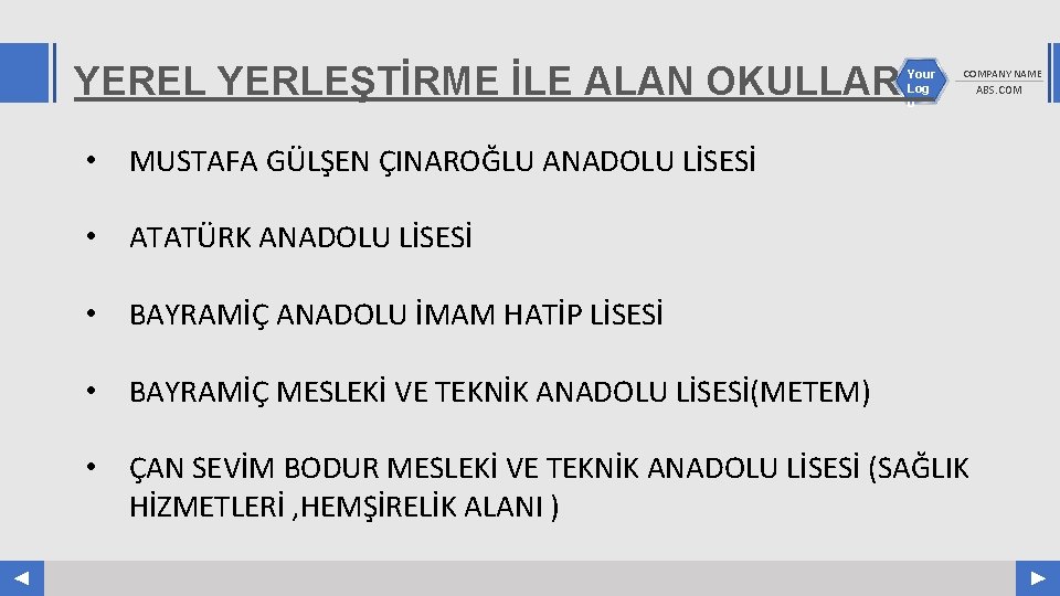 YEREL YERLEŞTİRME İLE ALAN OKULLAR Your Log o COMPANY NAME • MUSTAFA GÜLŞEN ÇINAROĞLU