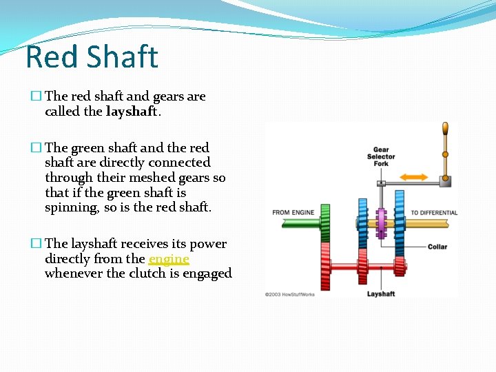 Red Shaft � The red shaft and gears are called the layshaft. � The