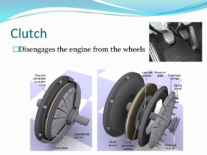 Clutch �Disengages the engine from the wheels 