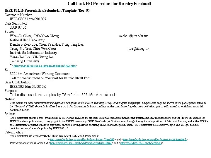 Call-back HO Procedure for Reentry Femtocell IEEE 802. 16 Presentation Submission Template (Rev. 9)