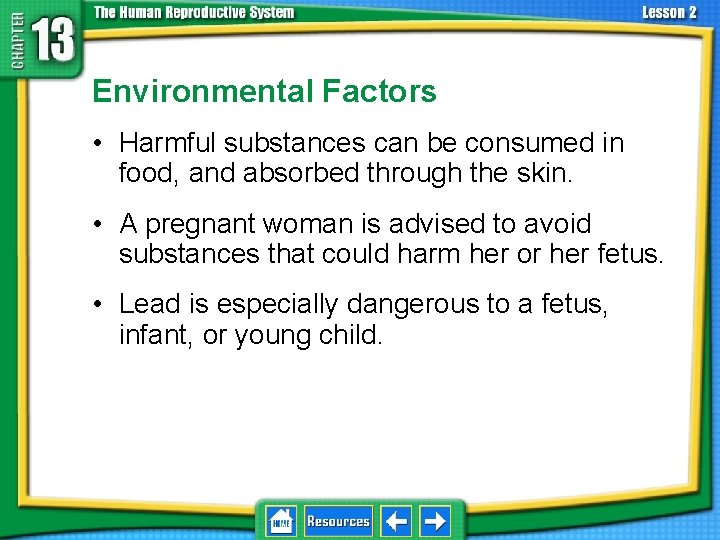 13. 2 Development Before Birth Environmental Factors • Harmful substances can be consumed in