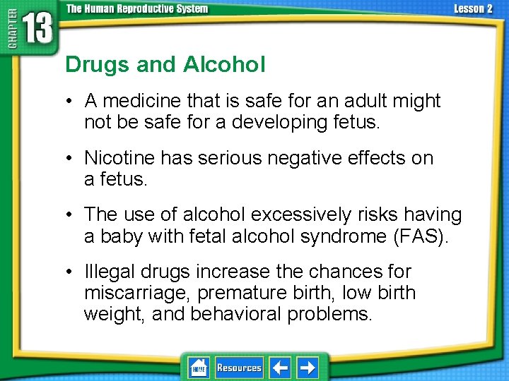 13. 2 Development Before Birth Drugs and Alcohol • A medicine that is safe