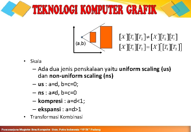 SKALA DAN TRANSFORMASI KOMBINASI (a, b) • Skala – Ada dua jenis penskalaan yaitu