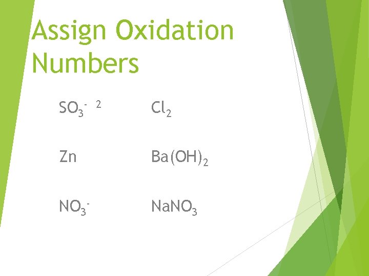 Assign Oxidation Numbers SO 3 - 2 Cl 2 Zn Ba(OH)2 NO 3 -